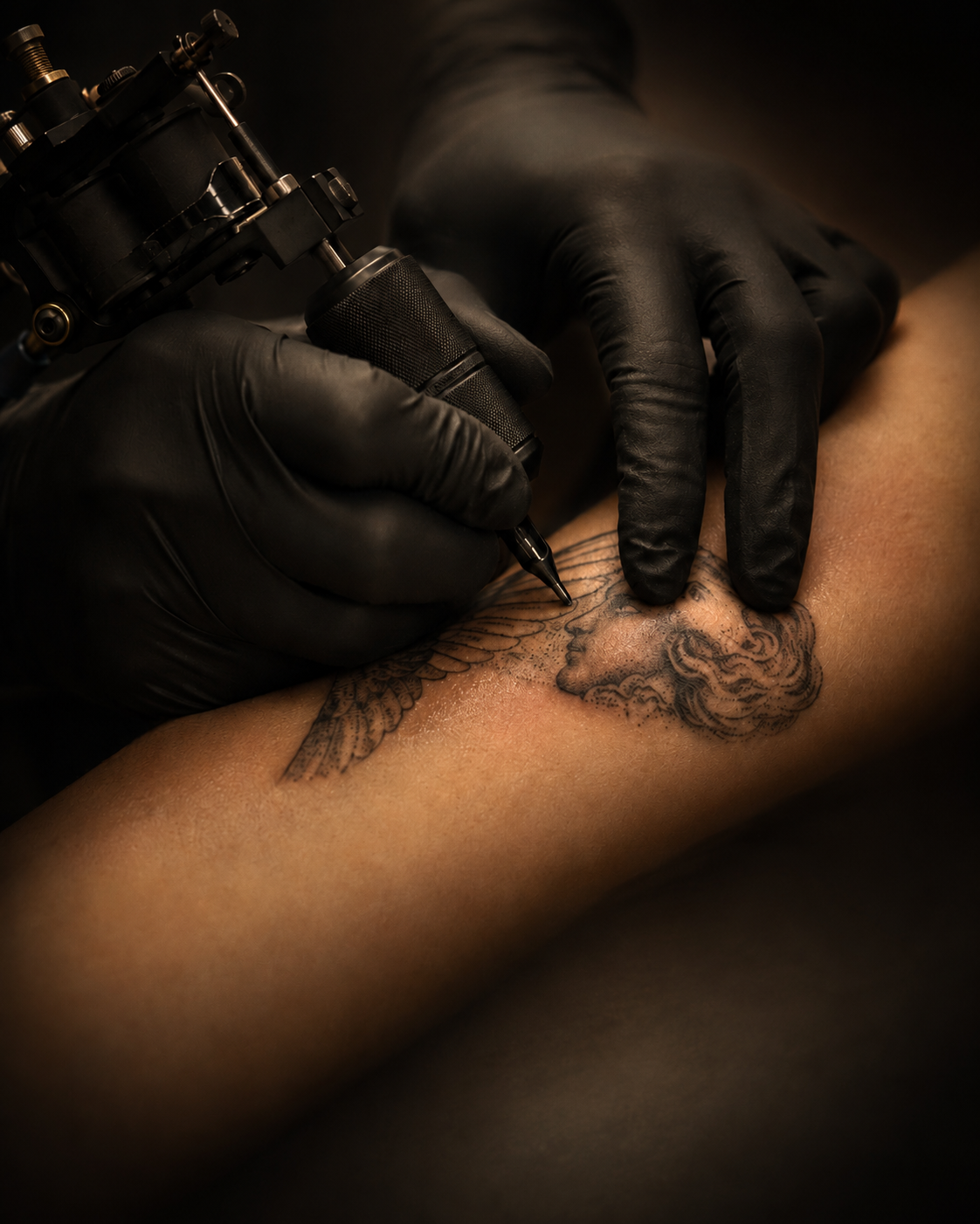 Rav Singh at work — close-up of hands during a tattoo session at Inkology