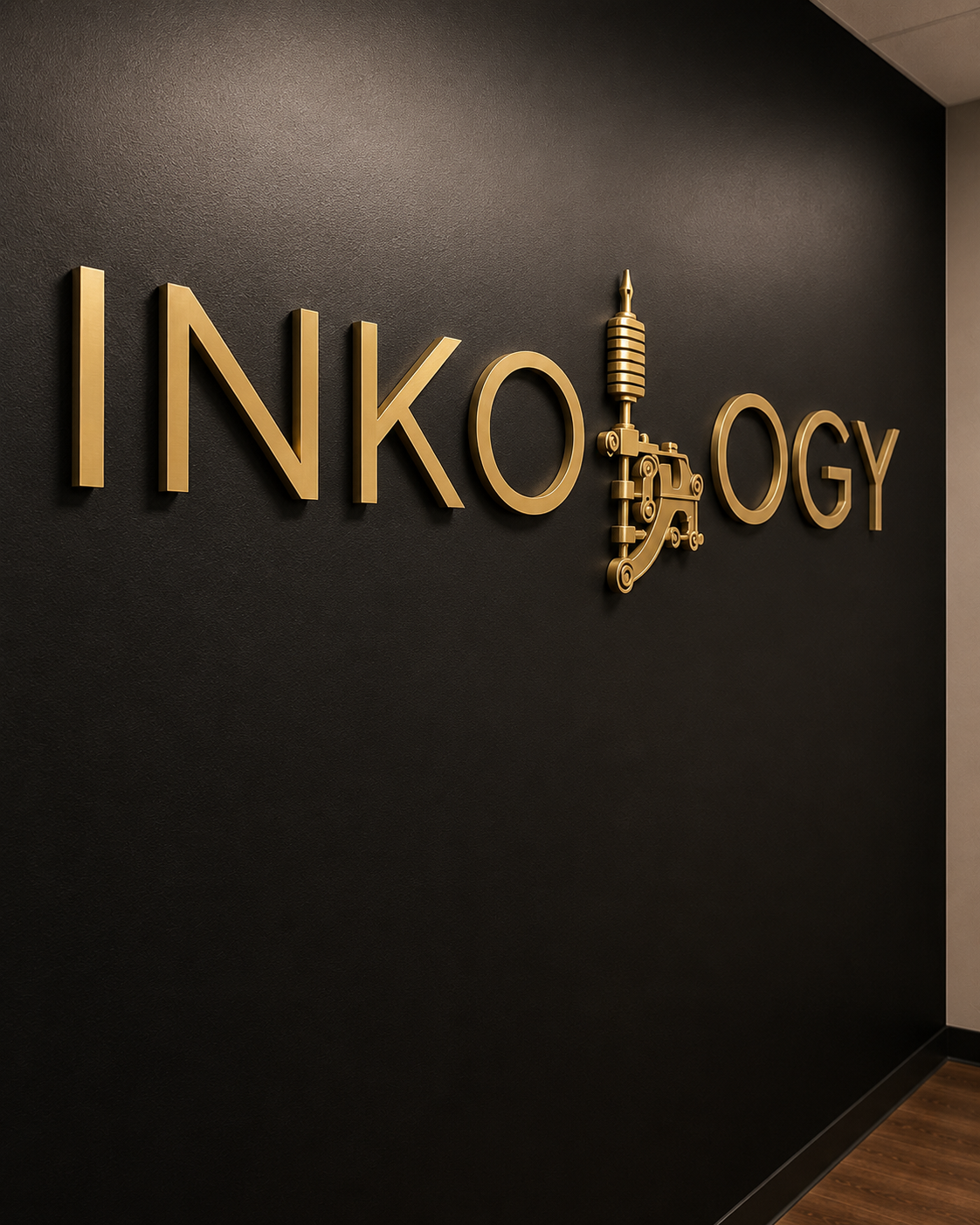 Inkology signage — gold dimensional lettering on the black feature wall.