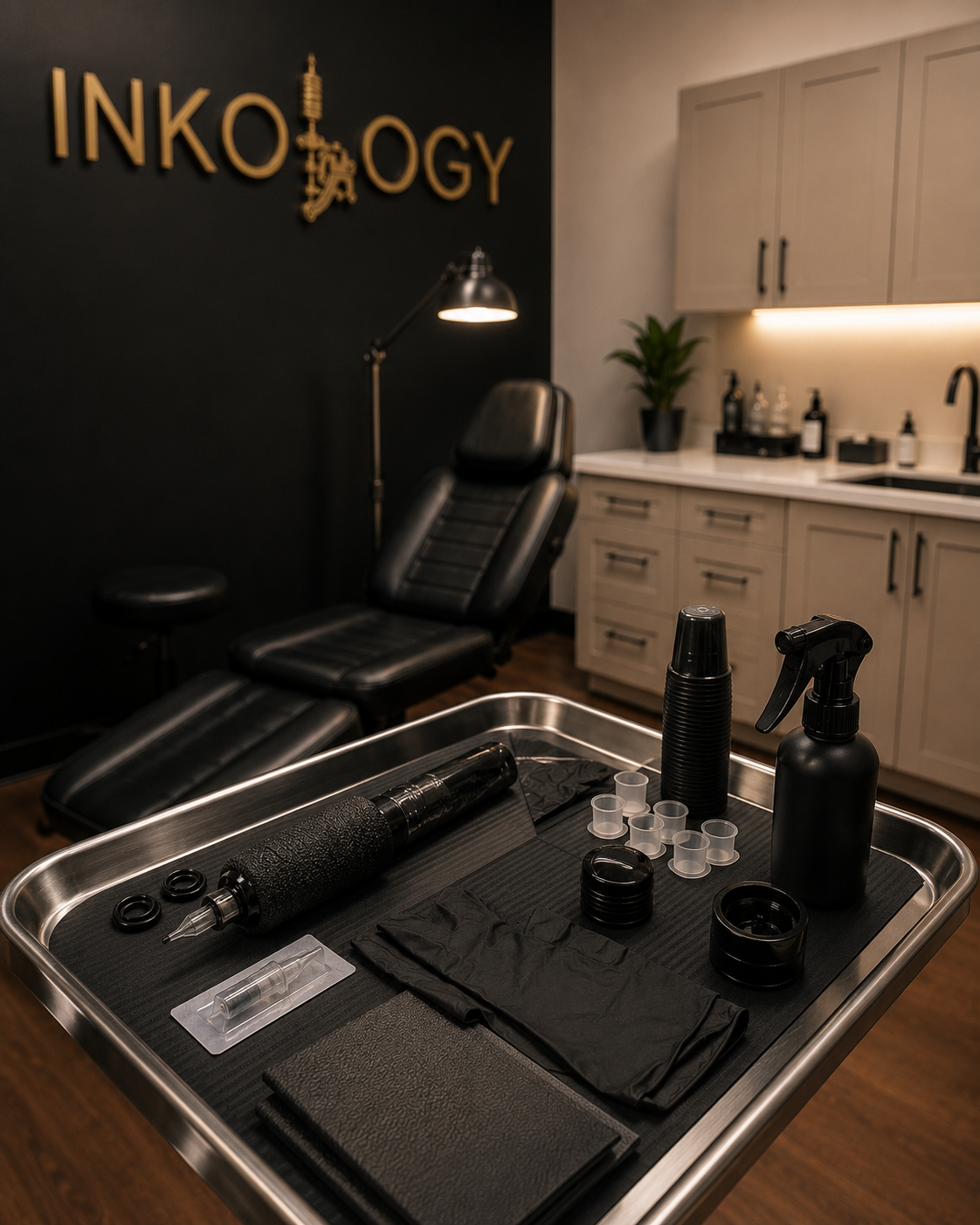 The workstation — sterile single-use needles, ink caps, and instruments laid out on the tray.